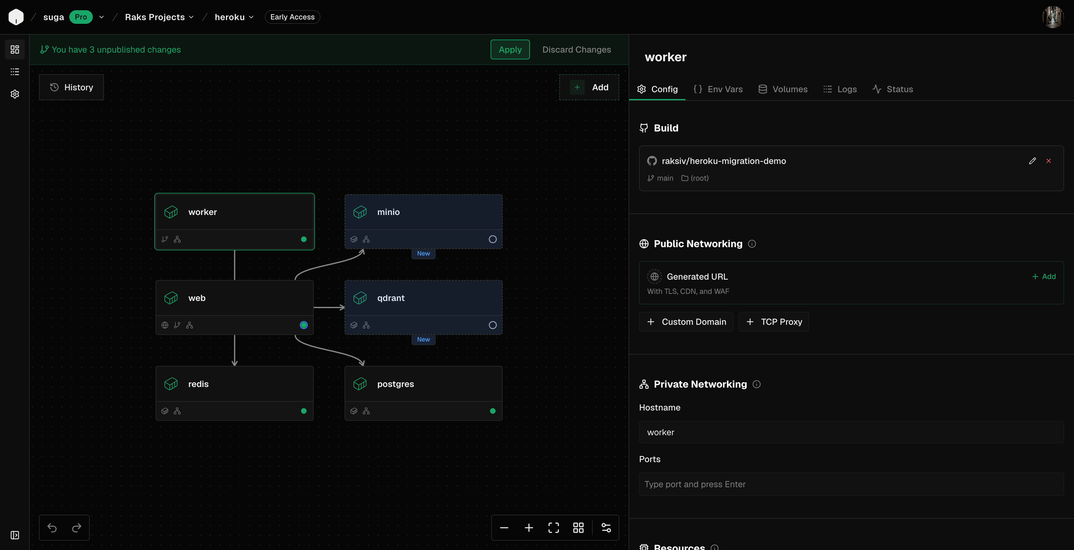 Suga environment draft produced through MCP, with web, worker, Postgres, Redis, MinIO, and Qdrant on the same private environment.